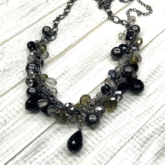 Beaded Fringe Necklace Silver Tone Black Adjusted Length - Picture 2 of 3